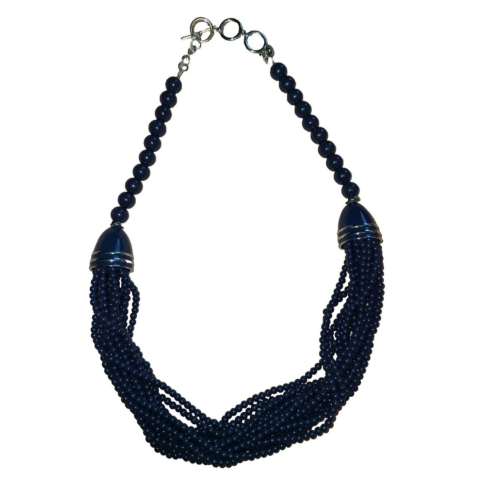 TALBOTS Silvertone Navy Blue Enamel Plastic Bead Multistrand Statement Necklace